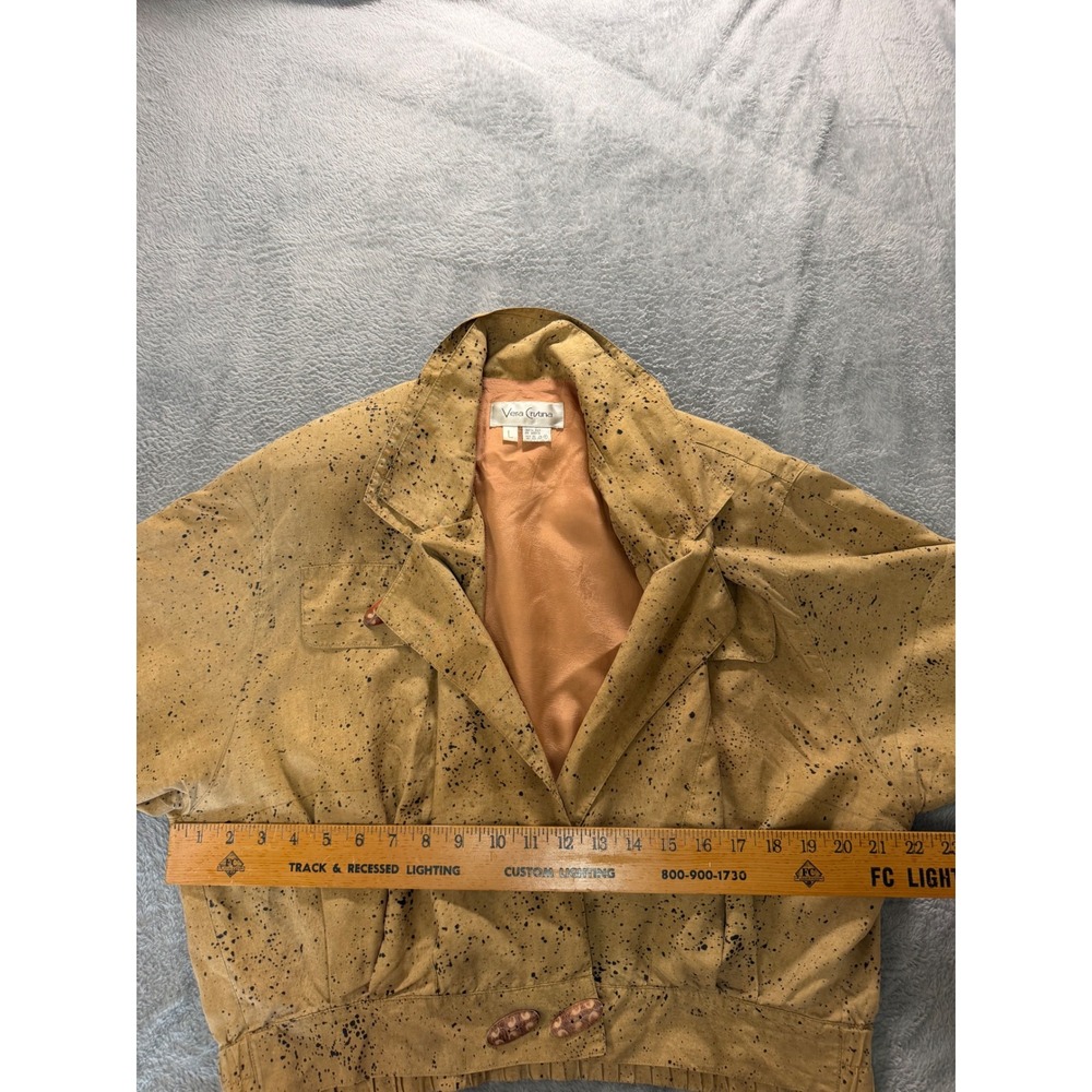 Vera Cristina Vintage 100 Silk Splatter Print Cropped Bomber Jacket Tan Large - Picture 9 of 11